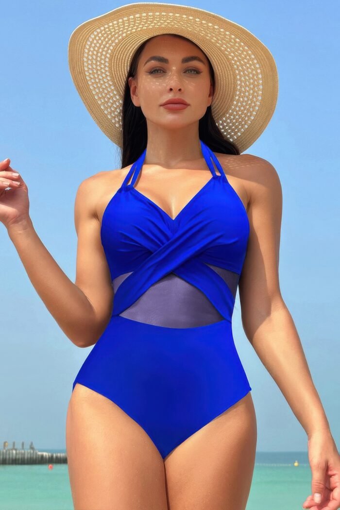 Color Block Halter Cross Lace One Piece Swimsuit - Image 12