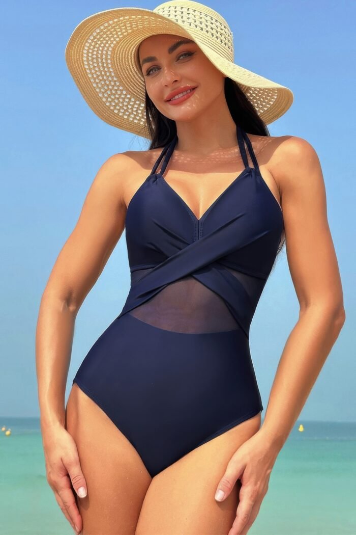 Color Block Halter Cross Lace One Piece Swimsuit - Image 13
