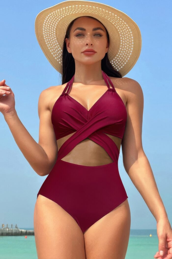 Color Block Halter Cross Lace One Piece Swimsuit - Image 14