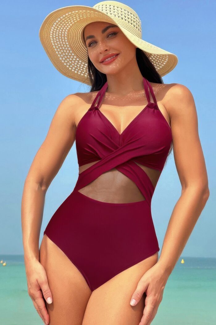 Color Block Halter Cross Lace One Piece Swimsuit - Image 15