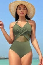 Color Block Halter Cross Lace One Piece Swimsuit