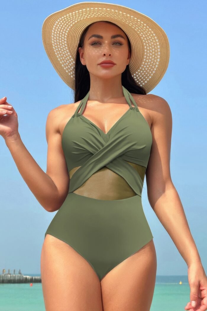 Color Block Halter Cross Lace One Piece Swimsuit - Image 16