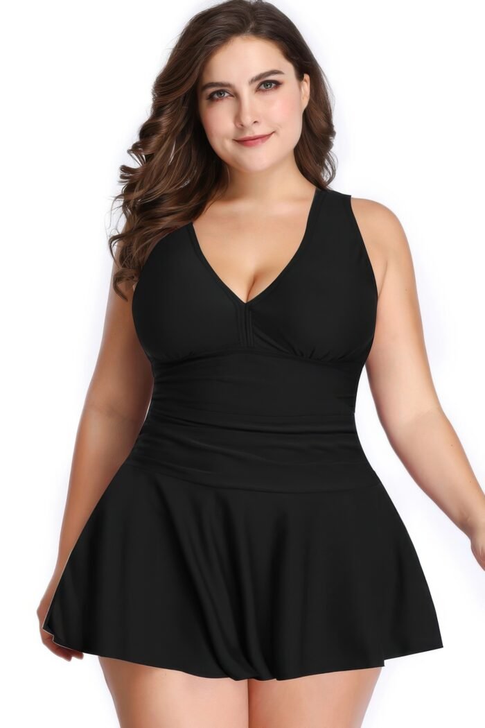 Plus Size Solid Ruffle V Neck Fit Swimsuits - Image 13