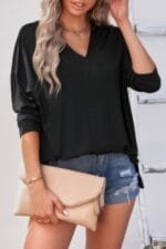 Solid Drop Shoulder V Neck Split Long Sleeve Blous