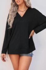 Solid Drop Shoulder V Neck Split Long Sleeve Blous