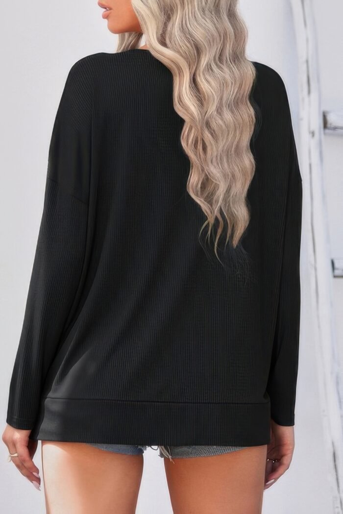 Solid Drop Shoulder V Neck Split Long Sleeve Blous - Image 3