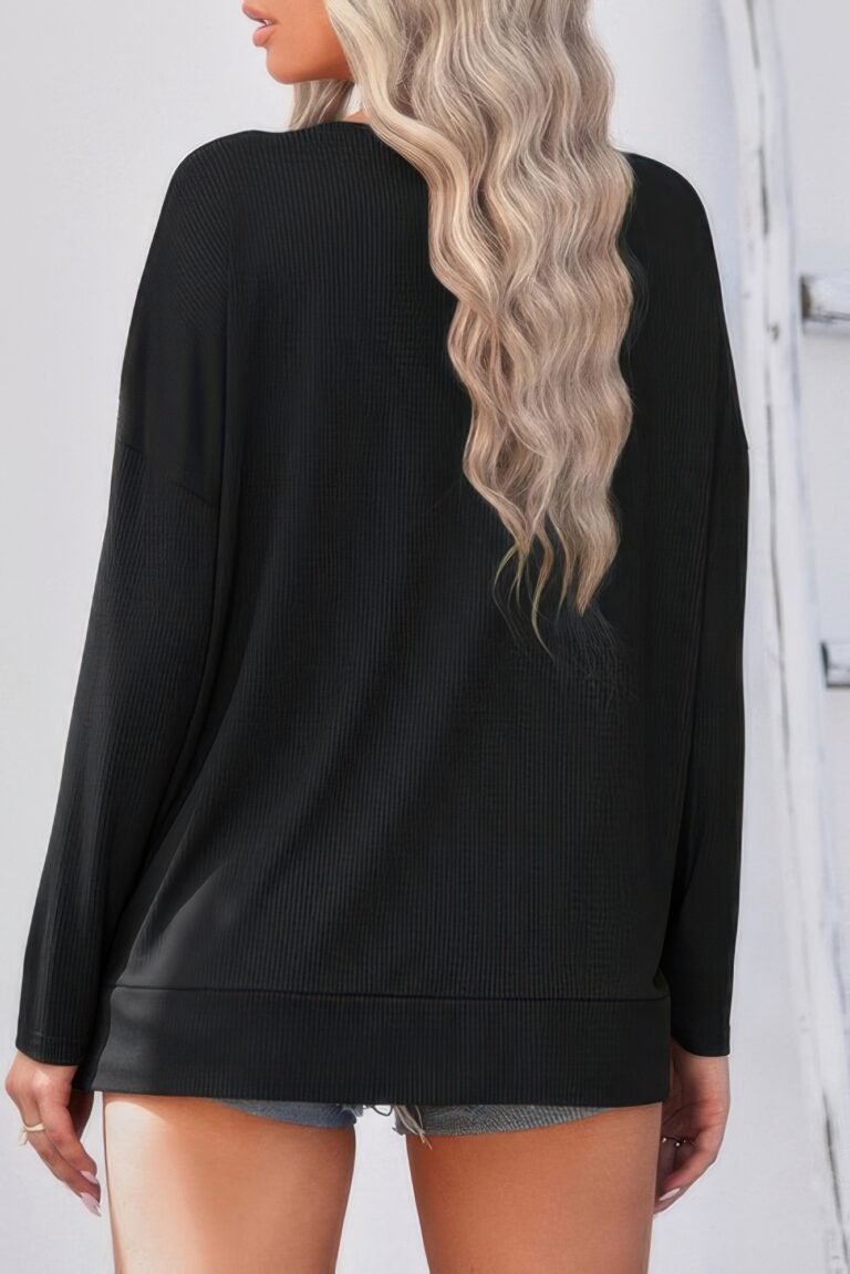 Solid drop shoulder v neck split long sleeve blous