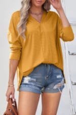 Solid Drop Shoulder V Neck Split Long Sleeve Blous