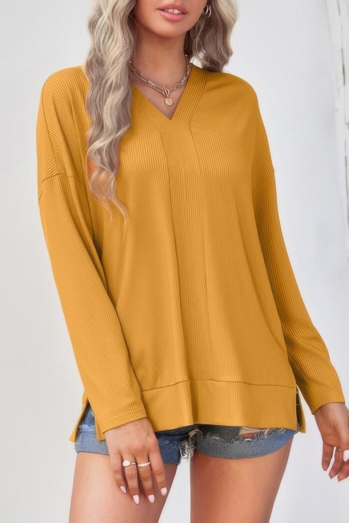 Solid Drop Shoulder V Neck Split Long Sleeve Blous - Image 5