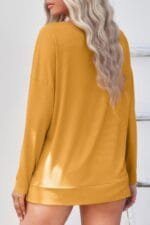 Solid Drop Shoulder V Neck Split Long Sleeve Blous