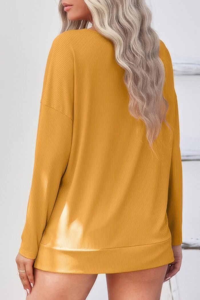 Solid Drop Shoulder V Neck Split Long Sleeve Blous - Image 6