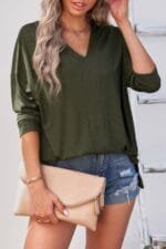 Solid Drop Shoulder V Neck Split Long Sleeve Blous