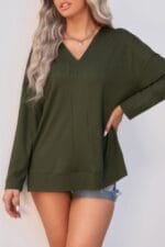 Solid Drop Shoulder V Neck Split Long Sleeve Blous