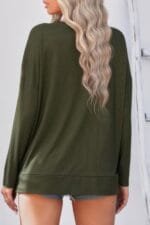 Solid Drop Shoulder V Neck Split Long Sleeve Blous