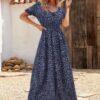 Allover Print Puff Sleeve Ruched Shirred Dress