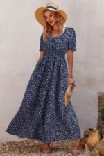 Allover Print Puff Sleeve Ruched Shirred Dress - Image 2