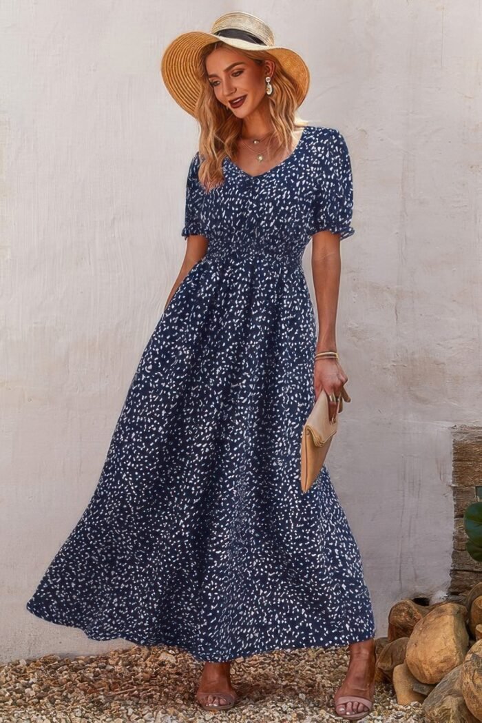 Allover print puff sleeve ruched shirred dress - image 2