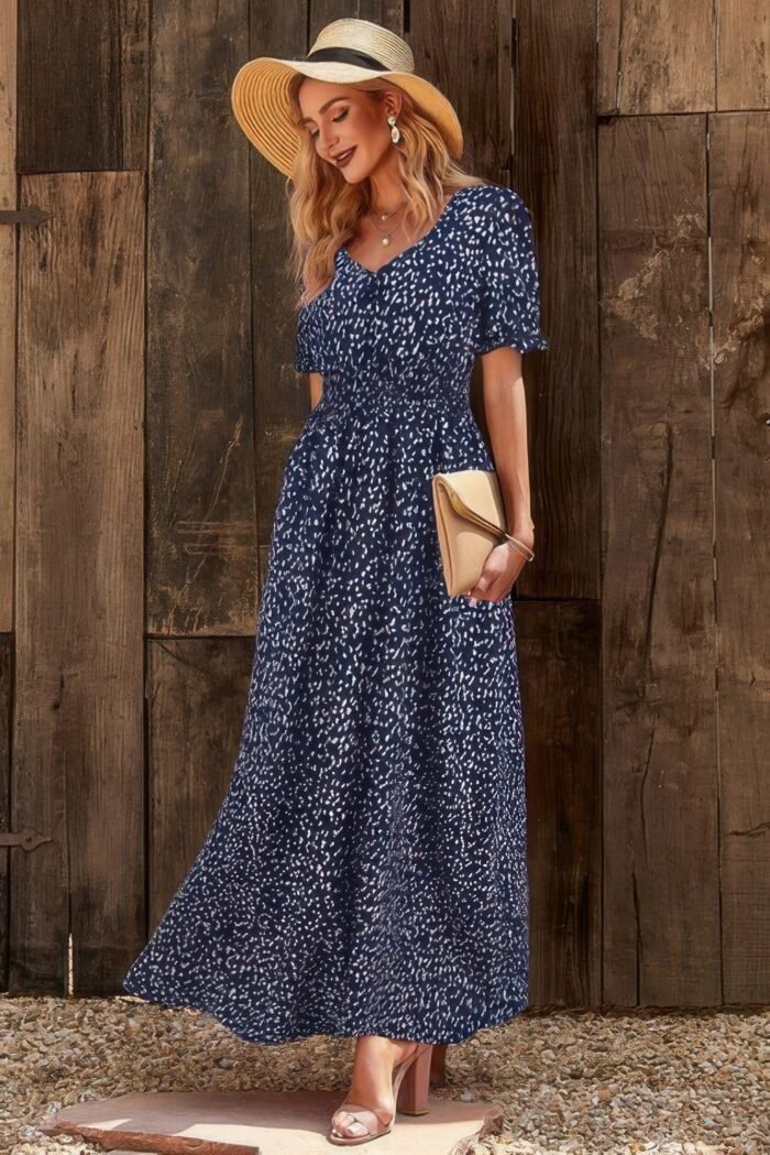 Allover print puff sleeve ruched shirred dress - image 3