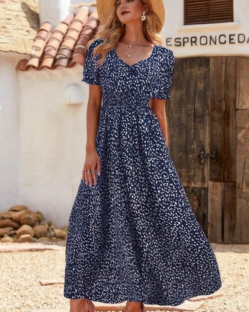 allover print puff sleeve ruched shirred dress