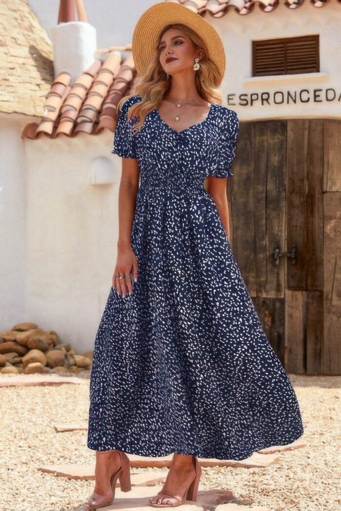 Allover print puff sleeve ruched shirred dress - image 4