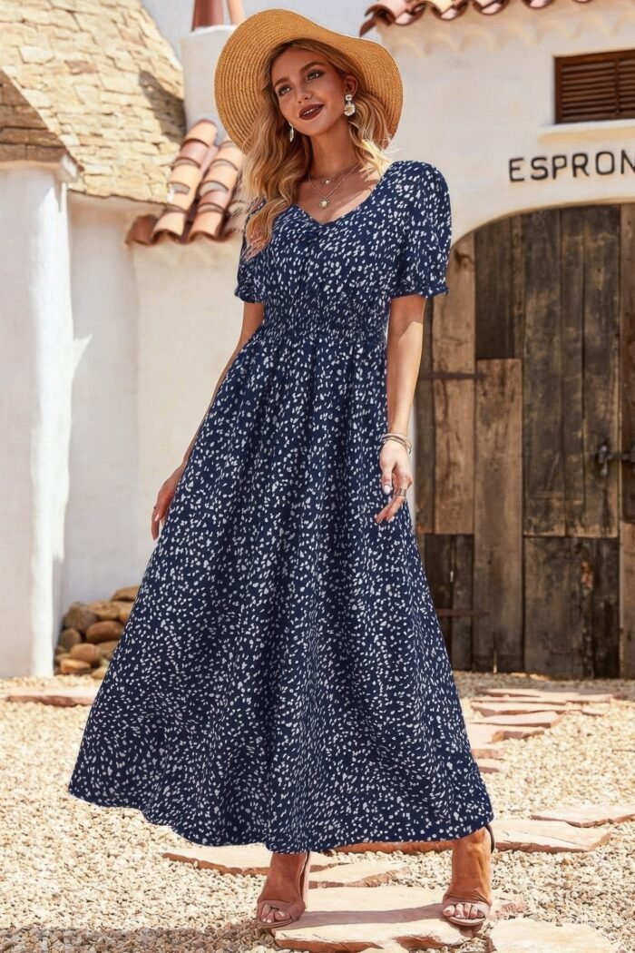 Allover print puff sleeve ruched shirred dress - image 5
