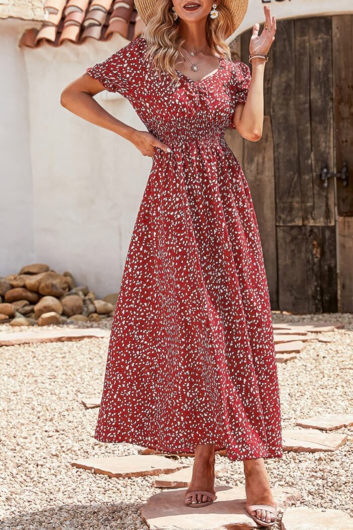 Allover print puff sleeve ruched shirred dress - image 7