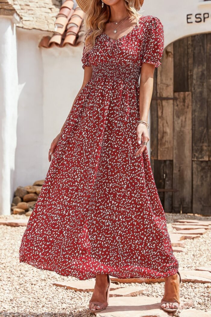 Allover print puff sleeve ruched shirred dress - image 8