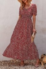 Allover Print Puff Sleeve Ruched Shirred Dress - Image 9