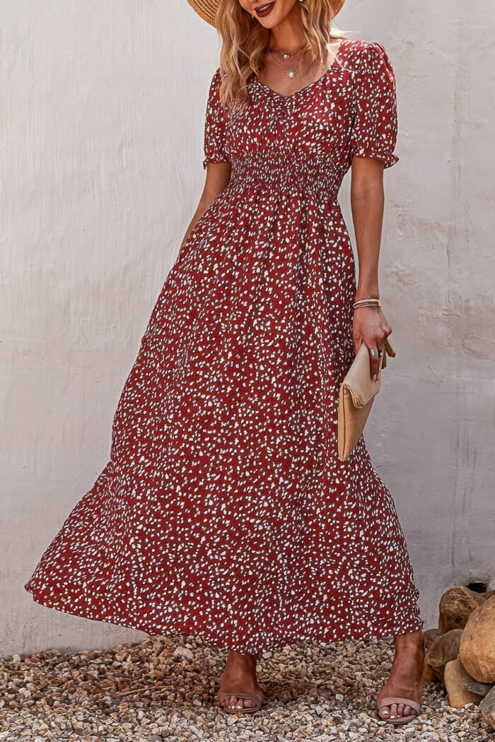 Allover print puff sleeve ruched shirred dress - image 9