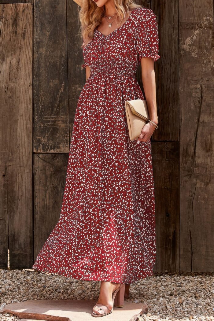 Allover print puff sleeve ruched shirred dress - image 10