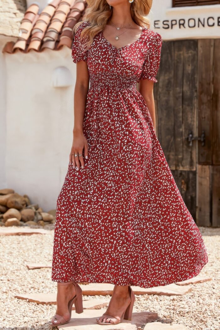 Allover print puff sleeve ruched shirred dress - image 11