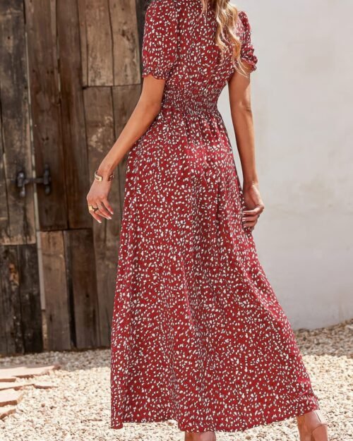 allover print puff sleeve ruched shirred dress