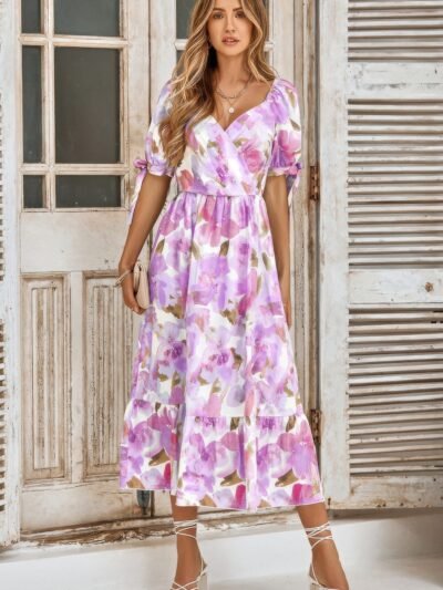 Floral Paint Short Sleeve Tie Cuff Surplice Dress