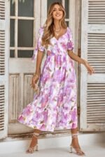 Floral Paint Short Sleeve Tie Cuff Surplice Dress - Image 2