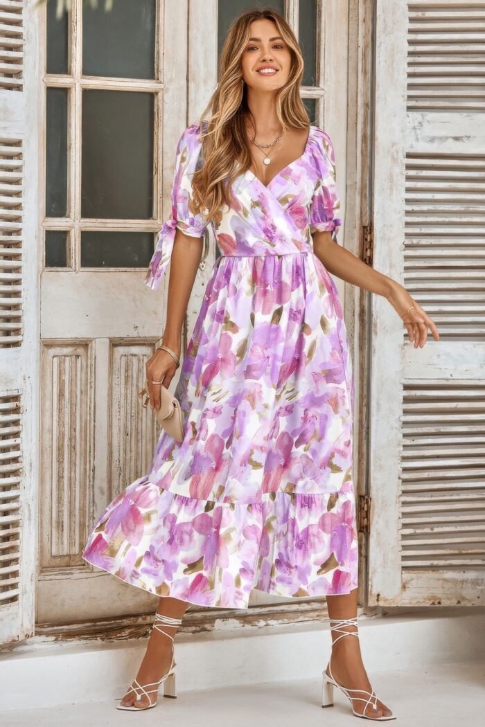 Floral paint short sleeve tie cuff surplice dress - image 2