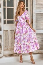 Floral Paint Short Sleeve Tie Cuff Surplice Dress - Image 3