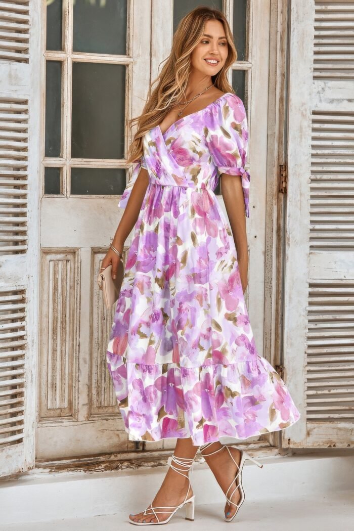 Floral paint short sleeve tie cuff surplice dress - image 4