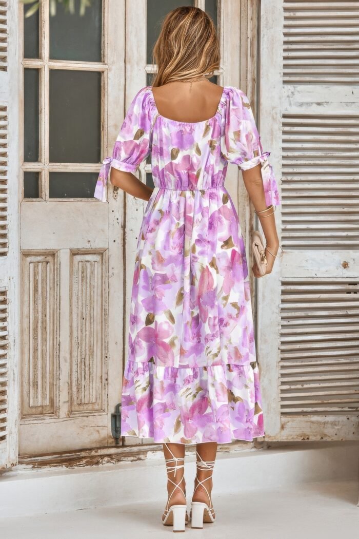 Floral paint short sleeve tie cuff surplice dress - image 5