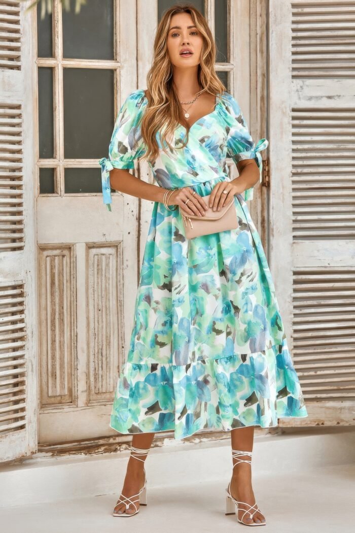 Floral paint short sleeve tie cuff surplice dress - image 6