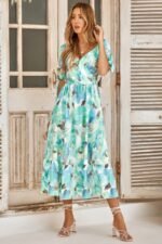 Floral Paint Short Sleeve Tie Cuff Surplice Dress - Image 7