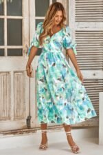Floral Paint Short Sleeve Tie Cuff Surplice Dress - Image 10