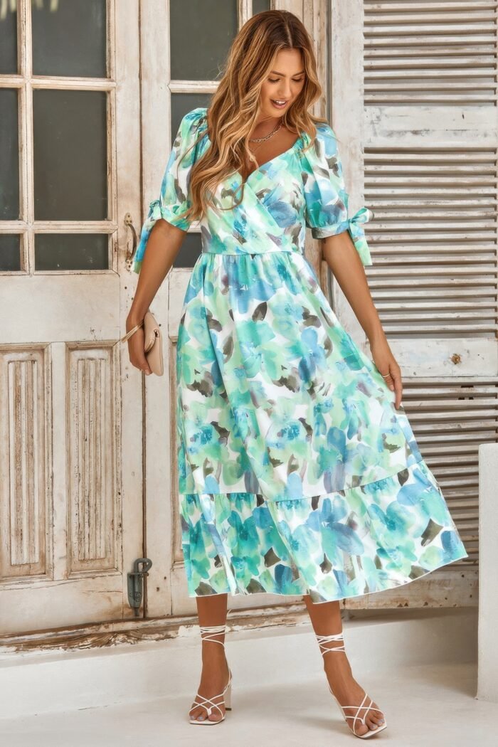 Floral paint short sleeve tie cuff surplice dress - image 10
