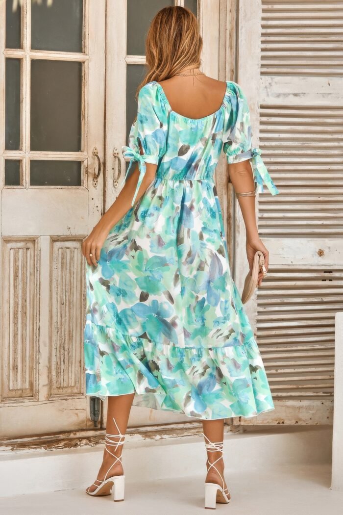Floral paint short sleeve tie cuff surplice dress - image 11