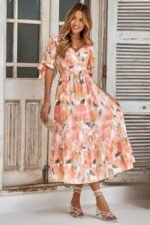 Floral Paint Short Sleeve Tie Cuff Surplice Dress - Image 12