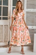 Floral Paint Short Sleeve Tie Cuff Surplice Dress - Image 13