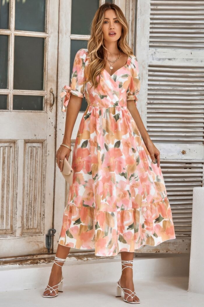 Floral paint short sleeve tie cuff surplice dress - image 13
