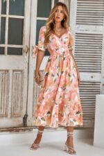 Floral Paint Short Sleeve Tie Cuff Surplice Dress - Image 15