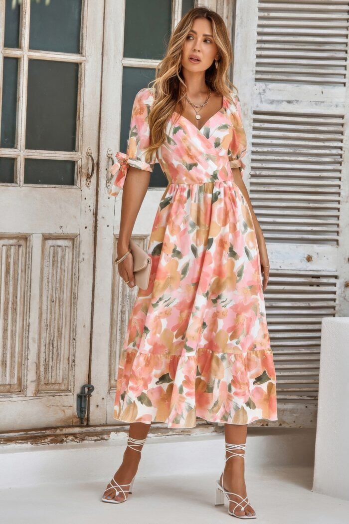 Floral paint short sleeve tie cuff surplice dress - image 15