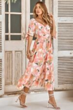 Floral Paint Short Sleeve Tie Cuff Surplice Dress - Image 16