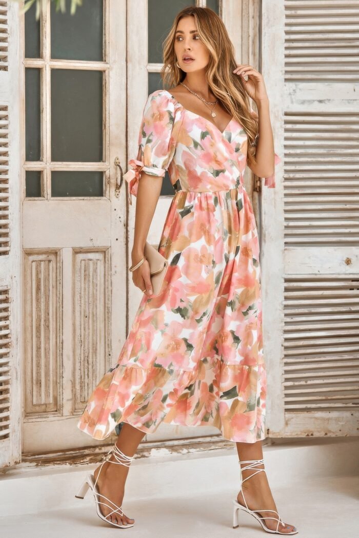 Floral paint short sleeve tie cuff surplice dress - image 16